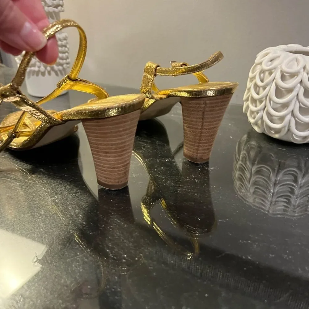 J Crew Gold Carina T-Strap Heels